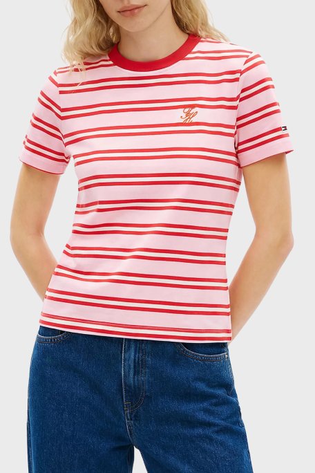 Tommy Hilfiger Çizgili Pamuklu Regular Fit Bisiklet Yaka Kadın T Shirt WW0WW48699 0D3 PEMBE - Tommy Hilfiger