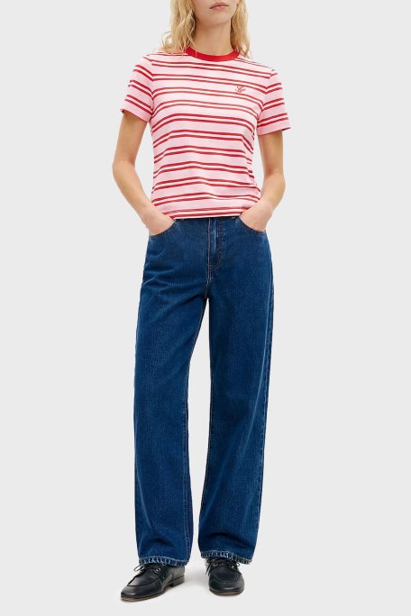 Tommy Hilfiger Çizgili Pamuklu Regular Fit Bisiklet Yaka Kadın T Shirt WW0WW48699 0D3 PEMBE - Tommy Hilfiger (1)