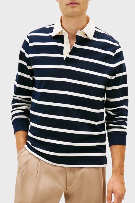 Tommy Hilfiger Çizgili Pamuklu Regular Fit Düğmeli Erkek Polo Yaka Sweat MW0MW42613 0A4 LACİVERT-BEYAZ - Tommy Hilfiger