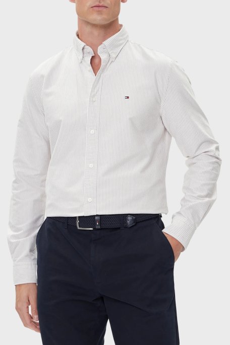 Tommy Hilfiger Çizgili Pamuklu Regular Fit Düğmeli Yaka Erkek Gömlek MW0MW36238 0BJ Bej-Açık Kahve - Tommy Hilfiger