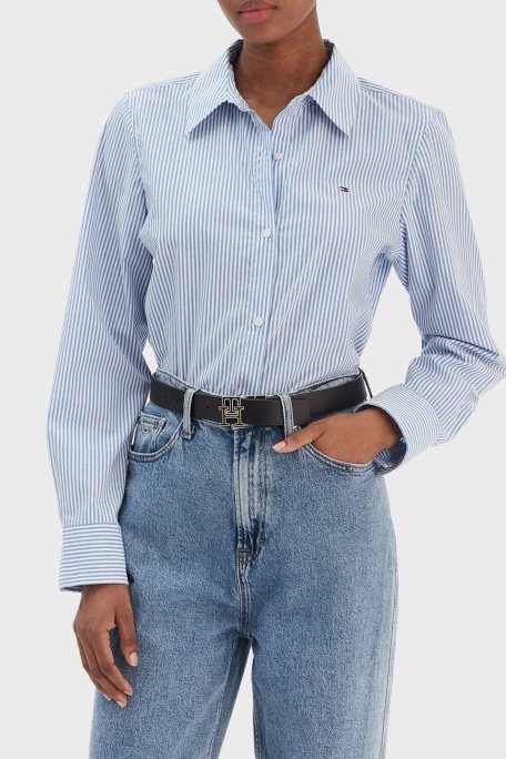 Tommy Hilfiger Çizgili Pamuklu Regular Fit Uzun Kollu Bayan Gömlek WW0WW47169 0BC MAVİ-BEYAZ - Tommy Hilfiger