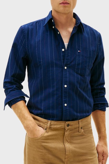 Tommy Hilfiger Çizgili Pamuklu Regular Fit Uzun Kollu Erkek Gömlek MW0MW41694 C7G MAVİ - Tommy Hilfiger