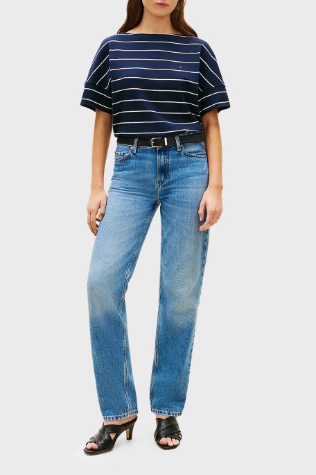 Tommy Hilfiger Çizgili Pamuklu Relaxed Fit Kayık Yaka Bayan T Shirt WW0WW49723 0ZC LACİVERT-BEYAZ - Tommy Hilfiger (1)