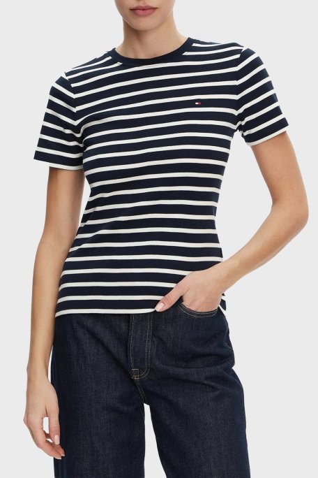 Tommy Hilfiger Çizgili Pamuklu Slim Fit Bisiklet Yaka Bayan T Shirt WW0WW40587 0X4 LACİVERT-BEYAZ - Tommy Hilfiger