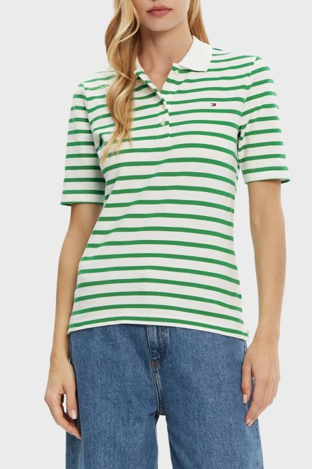 Tommy Hilfiger Çizgili Streç Pamuklu Regular Fit Düğmeli Bayan Polo Yaka T Shirt WW0WW43224 0FO BEYAZ-YEŞİL - Tommy Hilfiger
