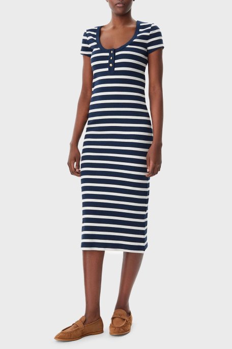 Tommy Hilfiger Çizgili Streç Pamuklu Slim Fit Midi Boy Bayan Elbise WW0WW43864 0A4 BEYAZ-MAVİ - Tommy Hilfiger