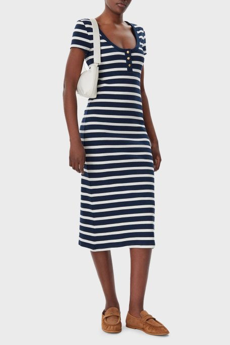 Tommy Hilfiger Çizgili Streç Pamuklu Slim Fit Midi Boy Bayan Elbise WW0WW43864 0A4 BEYAZ-MAVİ - Tommy Hilfiger (1)