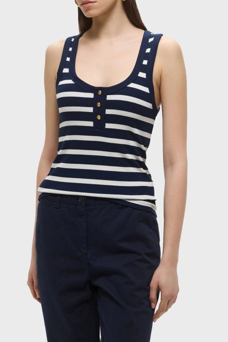 Tommy Hilfiger Çizgili Streç Pamuklu Slim Fit Yuvarlak Yaka Bayan Top WW0WW43920 0A4 BEYAZ-MAVİ - Tommy Hilfiger