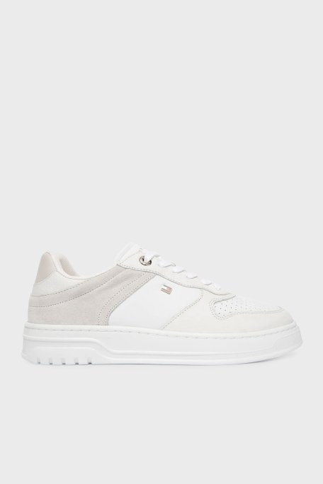 Tommy Hilfiger Deri Logolu Sneaker Bayan Ayakkabı FW0FW09024 0LA BEYAZ-AÇIK GRİ - Tommy Hilfiger