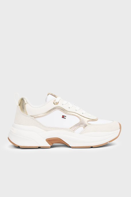 Tommy Hilfiger Deri Logolu Sneaker Bayan Ayakkabı FW0FW09204 0HU BEYAZ-GOLD - Tommy Hilfiger