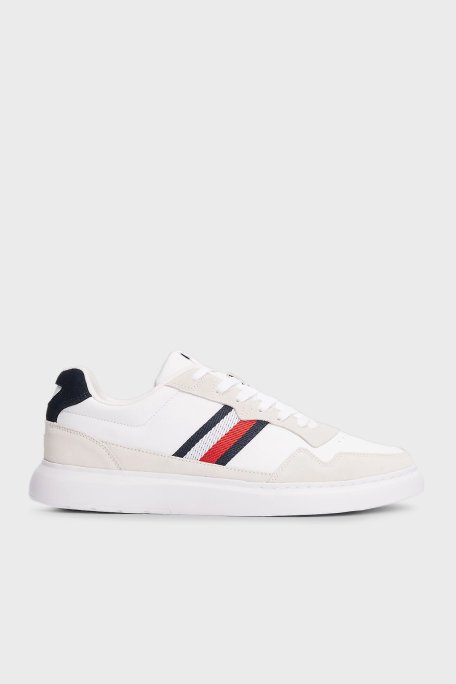 Tommy Hilfiger Deri Süet Detaylı Logolu Sneaker Erkek Ayakkabı FM0FM04889 0K6 BEYAZ - Tommy Hilfiger