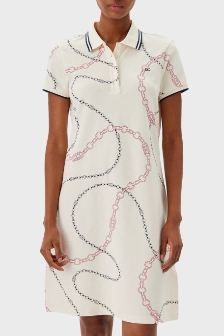 Tommy Hilfiger Desenli Streç Pamuklu Regular Fit Mini Boy Şeritli Polo Yaka Bayan Elbise WW0WW45532 01V BEYAZ - Tommy Hilfiger