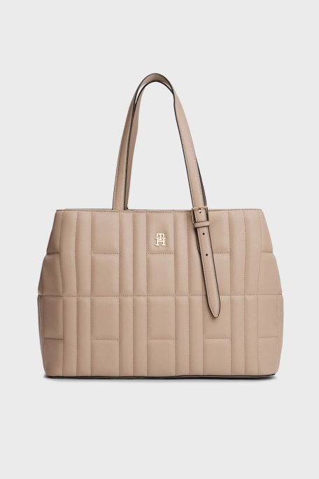 Tommy Hilfiger Dikiş Detaylı Çıkarılabilir Askılı Tote Bayan Çanta AW0AW17452 AFE BEJ - Tommy Hilfiger