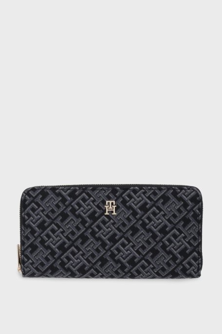 Tommy Hilfiger Dokulu Logolu Fermuarlı Bayan Cüzdan AW0AW17956 BDS SİYAH - Tommy Hilfiger