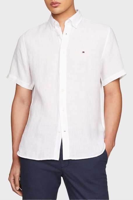 Tommy Hilfiger Düğmeli Yaka Kısa Kollu % 100 Keten Regular Fit Erkek Gömlek MW0MW35207 YCF BEYAZ - Tommy Hilfiger