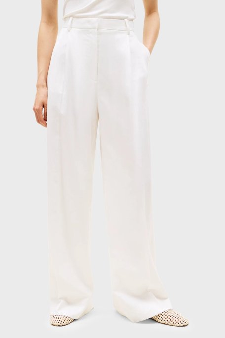 Tommy Hilfiger Keten Karışımlı Relaxed Fit Yüksek Bel Geniş Paça Kumaş Bayan Pantolon WW0WW47214 Z00 AÇIK BEJ - Tommy Hilfiger