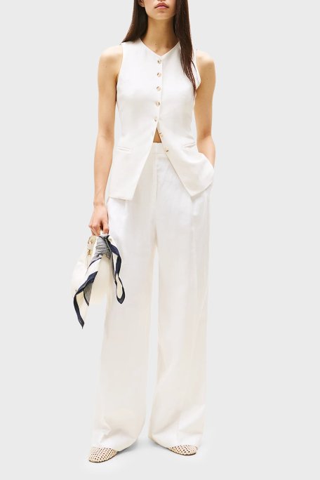 Tommy Hilfiger Keten Karışımlı Relaxed Fit Yüksek Bel Geniş Paça Kumaş Bayan Pantolon WW0WW47214 Z00 AÇIK BEJ - Tommy Hilfiger (1)