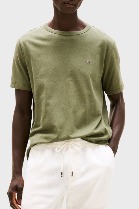 Tommy Hilfiger Keten ve Pamuk Karışımlı Regular Fit Bisiklet Yaka Erkek T Shirt MW0MW38637 PLI YEŞİL - Tommy Hilfiger