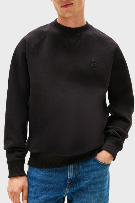 Tommy Hilfiger Logo Nakışlı Streç Pamuklu Regular Fit Bisiklet Yaka Erkek Sweat MW0MW39397 BDS SİYAH - Tommy Hilfiger