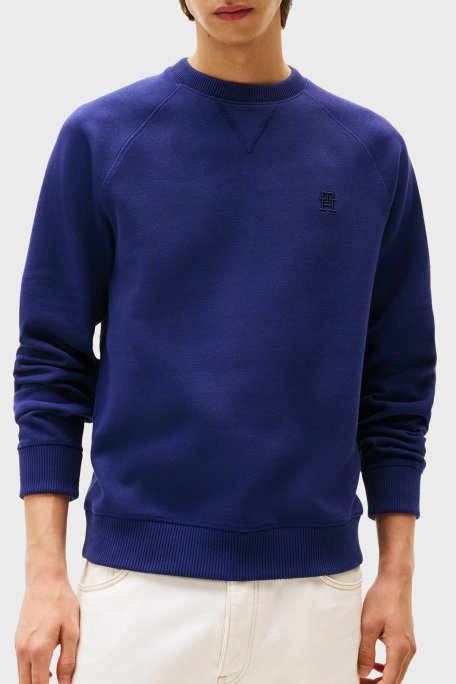 Tommy Hilfiger Logo Nakışlı Streç Pamuklu Regular Fit Bisiklet Yaka Erkek Sweat MW0MW39397 C7G MAVİ - Tommy Hilfiger