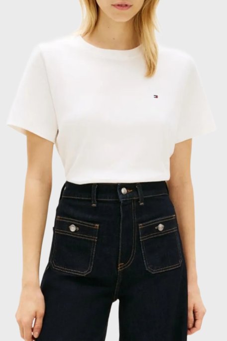 Tommy Hilfiger Logolu % 100 Pamuk Boxy Fit Bisiklet Yaka Bayan T Shirt WW0WW49646 YBL BEYAZ - Tommy Hilfiger