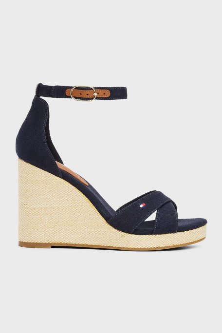 Tommy Hilfiger Logolu % 100 Pamuk Dolgu Topuklu Bayan Sandalet FW0FW08661 DW6 LACİVERT - Tommy Hilfiger