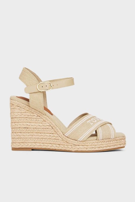 Tommy Hilfiger Logolu % 100 Pamuk Dolgu Topuklu Bayan Sandalet FW0FW08668 ACC BEJ - Tommy Hilfiger