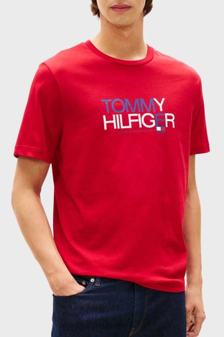 Tommy Hilfiger Logolu % 100 Pamuk Regular Fit Bisiklet Yaka Erkek T Shirt MW0MW42369 XLD KIRMIZI - Tommy Hilfiger