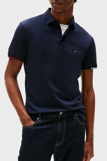 Tommy Hilfiger Logolu % 100 Pamuk Slim Fit Düğmeli Erkek Polo Yaka T Shirt MW0MW39348 DW5 LACİVERT - Tommy Hilfiger