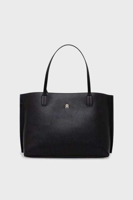Tommy Hilfiger Logolu Çift Tutma Saplı Büyük Bayan Çanta AW0AW17461 BDS SİYAH - Tommy Hilfiger