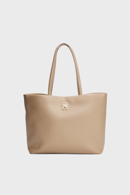Tommy Hilfiger Logolu Çift Tutma Saplı Tote Bayan Çanta AW0AW17528 AFE BEJ - Tommy Hilfiger