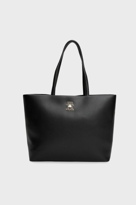 Tommy Hilfiger Logolu Çift Tutma Saplı Tote Bayan Çanta AW0AW17528 BDS SİYAH - Tommy Hilfiger