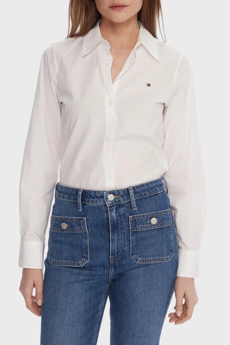 Tommy Hilfiger Logolu Pamuk Karışımlı Regular Fit Uzun Kollu Bayan Gömlek WW0WW47169 YCF BEYAZ - Tommy Hilfiger