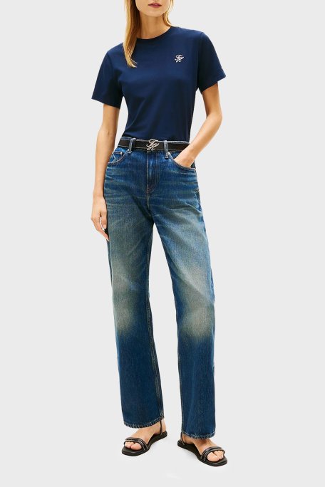 Tommy Hilfiger Logolu Pamuklu Regular Fit Bisiklet Yaka Bayan T Shirt WW0WW48699 C1G LACİVERT - Tommy Hilfiger (1)