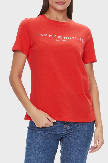 Tommy Hilfiger Logolu Pamuklu Regular Fit Bisiklet Yaka Kadın T Shirt WW0WW40276 SNE KIRMIZI - Tommy Hilfiger
