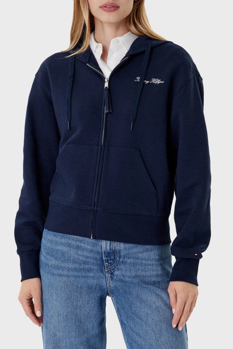 Tommy Hilfiger Logolu Pamuklu Regular Fit Kapüşonlu Crop Bayan Sweat WW0WW45742 C1G LACİVERT - Tommy Hilfiger