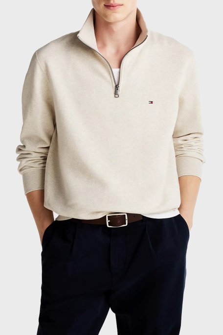 Tommy Hilfiger Logolu Pamuklu Regular Fit Yarım Fermuarlı Dik Yaka Polar Erkek Sweat MW0MW37233 HGF BEJ - Tommy Hilfiger