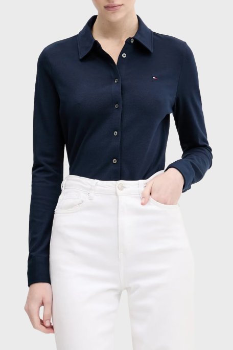 Tommy Hilfiger Logolu Pamuklu Slim Fit Uzun Kollu Bayan Gömlek WW0WW43528 C1G LACİVERT - Tommy Hilfiger