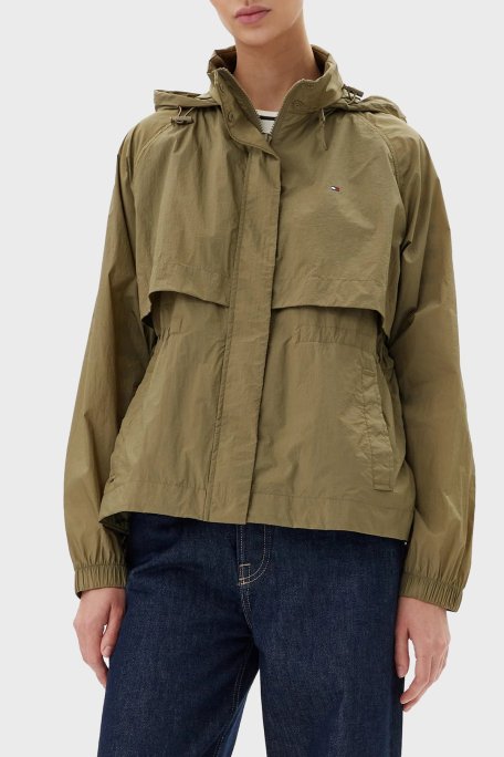 Tommy Hilfiger Logolu Su İtici Relaxed Fit Gizlenebilen Kapüşonlu Bayan Ceket WW0WW46444 RFN KOYU HAKİ - Tommy Hilfiger