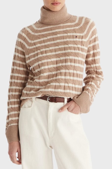 Tommy Hilfiger Örgülü Yünlü Relaxed Fit Balıkçı Yaka Bayan Kazak WW0WW46791 0AJ BEJ - Tommy Hilfiger