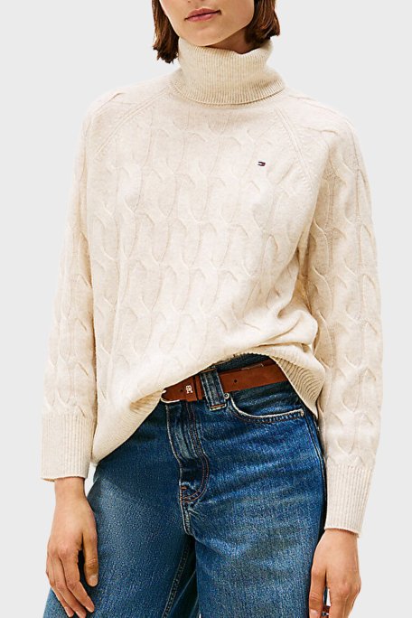 Tommy Hilfiger Örgülü Yünlü Relaxed Fit Balıkçı Yaka Bayan Kazak WW0WW46791 ADK BEJ - Tommy Hilfiger