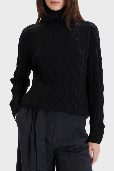 Tommy Hilfiger Örgülü Yünlü Relaxed Fit Balıkçı Yaka Bayan Kazak WW0WW46791 BDS SİYAH - Tommy Hilfiger