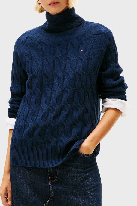 Tommy Hilfiger Örgülü Yünlü Relaxed Fit Balıkçı Yaka Bayan Kazak WW0WW46791 C1G LACİVERT - Tommy Hilfiger