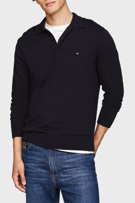 Tommy Hilfiger Pamuk ve Kaşmir Karışımlı Düğmeli Polo Yaka Erkek Kazak MW0MW36519 DW5 LACİVERT - Tommy Hilfiger