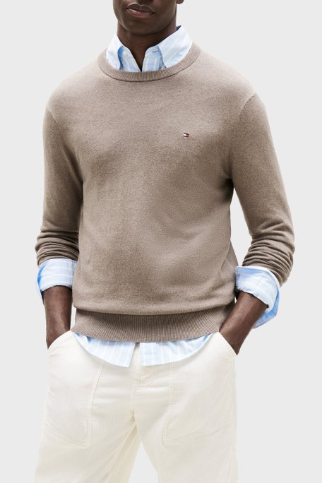 Tommy Hilfiger Pamuk ve Kaşmir Karışımlı Regular Fit Bisiklet Yaka Erkek Kazak MW0MW28046 HI3 KAHVE - Tommy Hilfiger