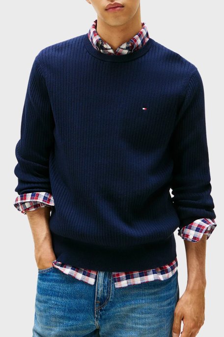 Tommy Hilfiger Pamuk ve Kaşmir Karışımlı Regular Fit Bisiklet Yaka Erkek Kazak MW0MW40449 DW5 LACİVERT - Tommy Hilfiger