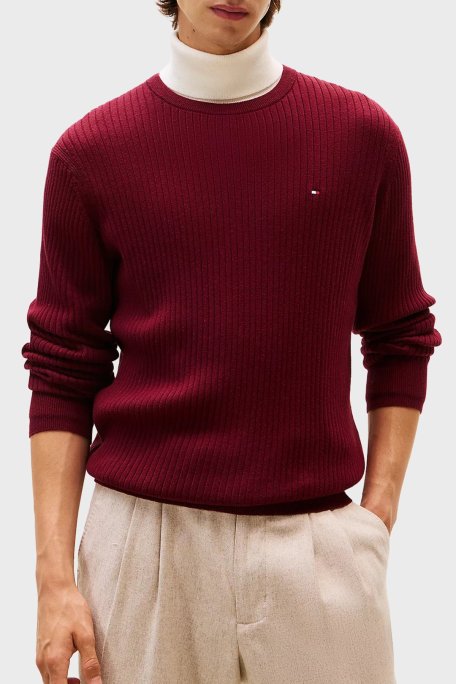 Tommy Hilfiger Pamuk ve Kaşmir Karışımlı Regular Fit Bisiklet Yaka Erkek Kazak MW0MW40449 VLP BORDO - Tommy Hilfiger