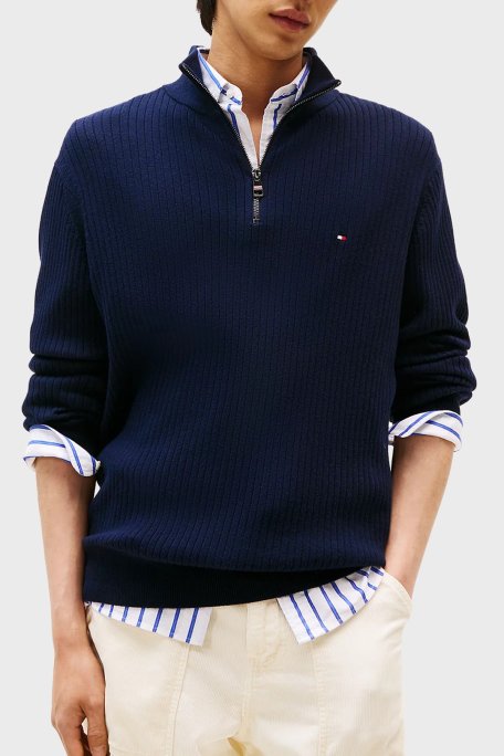 Tommy Hilfiger Pamuk ve Kaşmir Karışımlı Regular Fit Dik Yaka Erkek Kazak MW0MW40448 DW5 LACİVERT - Tommy Hilfiger