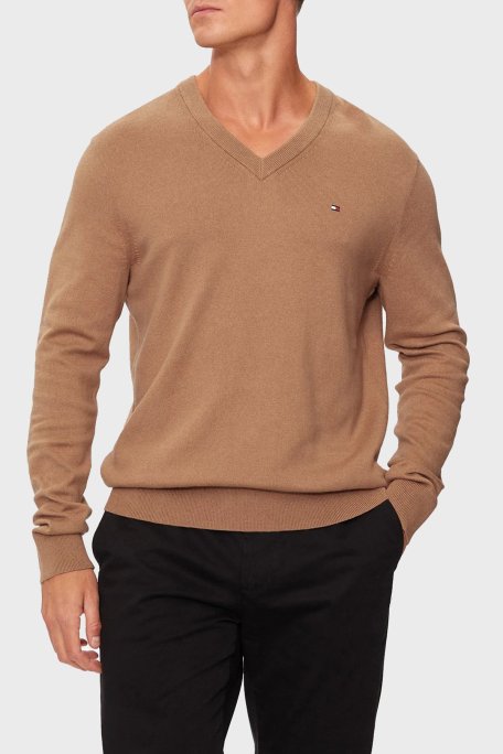 Tommy Hilfiger Pamuk ve Kaşmir Karışımlı Regular Fit V Yaka Erkek Kazak MW0MW28047 RBC KOYU HAKİ - Tommy Hilfiger