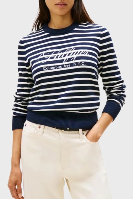 Tommy Hilfiger Pamuklu Regular Fit Bisiklet Yaka Çizgili Bayan Kazak WW0WW47304 0BI LACİVERT - Tommy Hilfiger